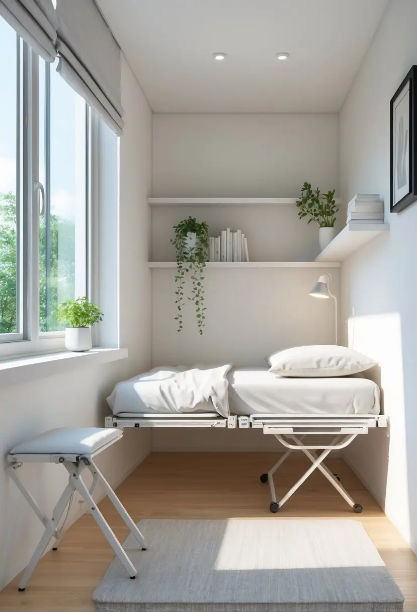 A small bedroom with foldable furniture including a wall-mounted desk, foldable bed, and chair, lit by natural light from a window.