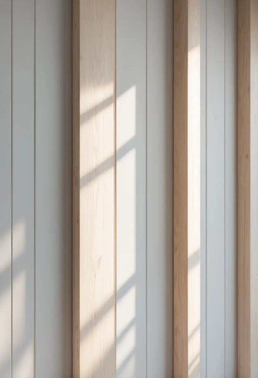 Close-up view of a vertical board and batten wall with evenly spaced wooden battens over painted wooden boards.