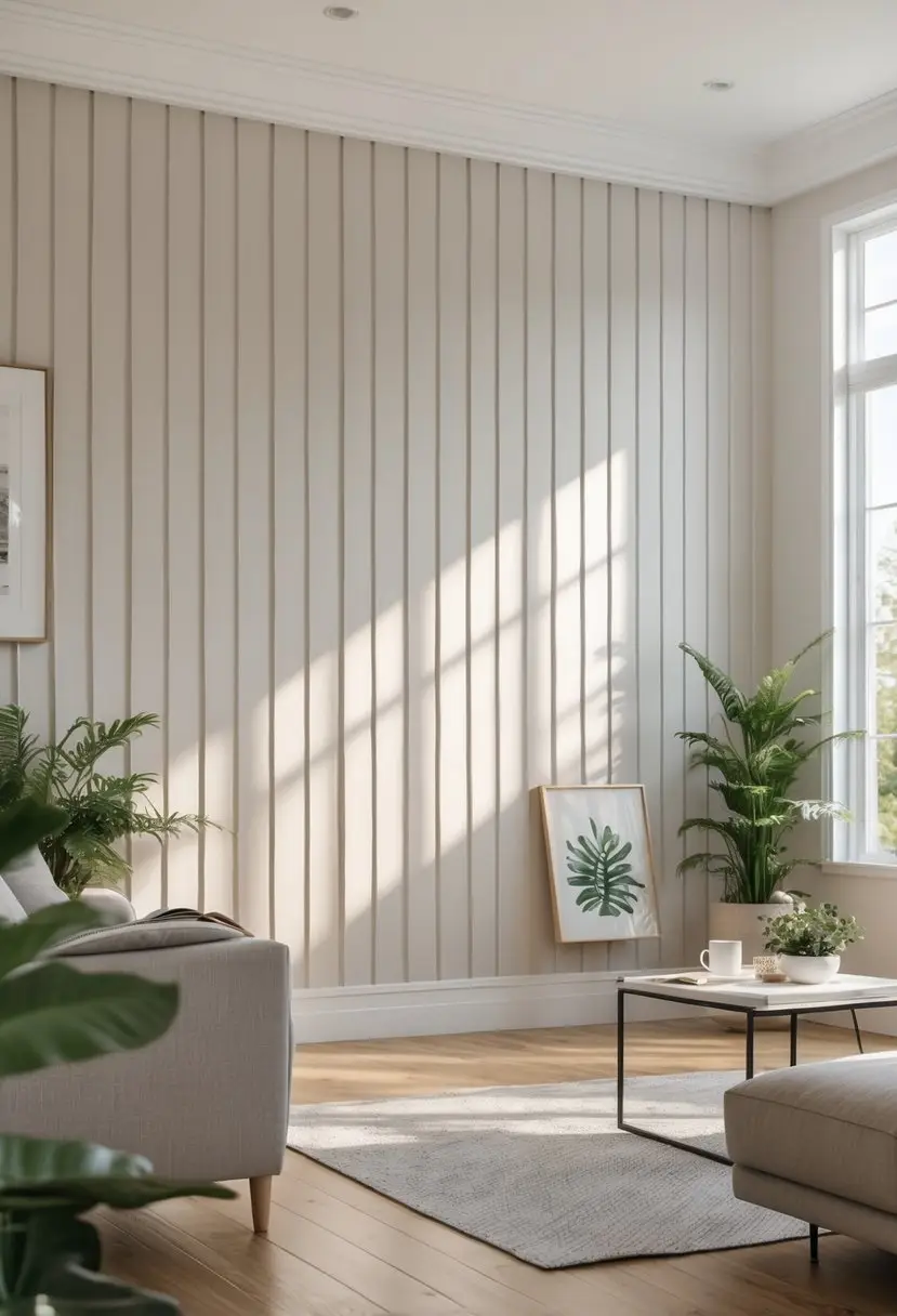 Interior living room with a light-colored board and batten wall, modern furniture, and natural sunlight.
