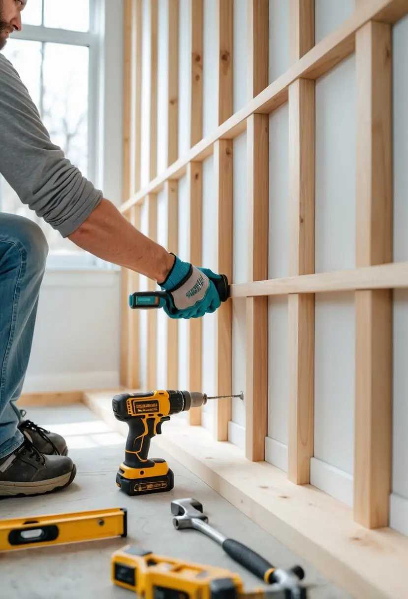 Person installing vertical wooden battens on a board and batten wall inside a bright room using a cordless drill.