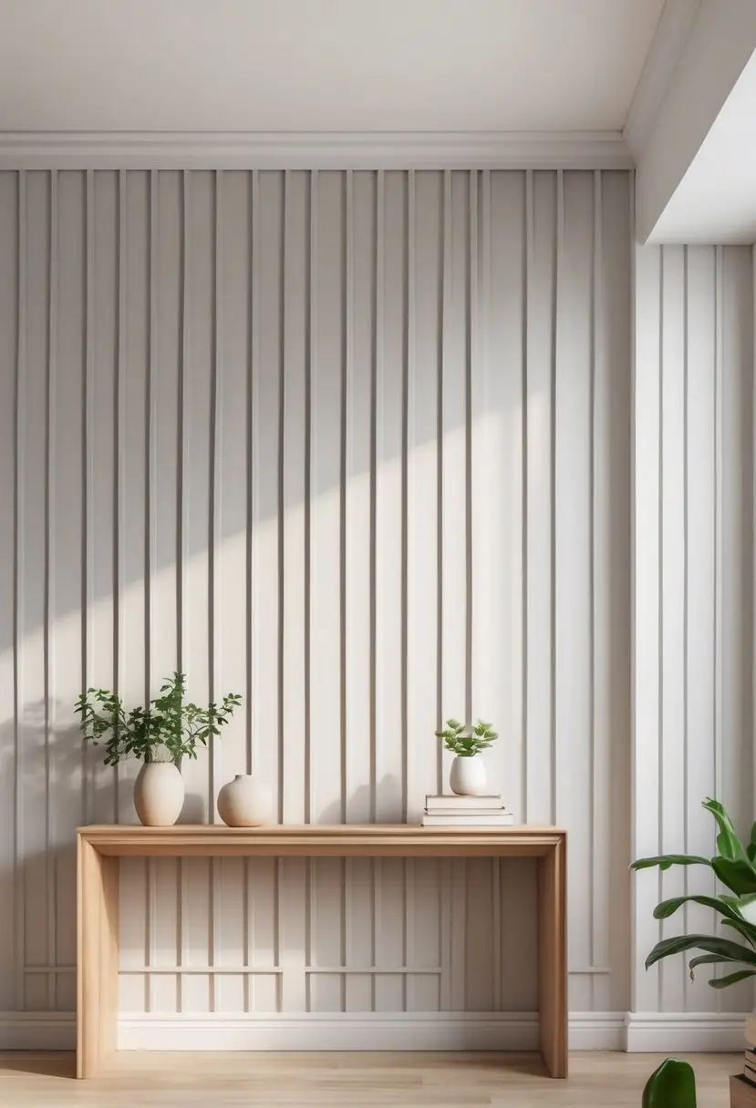 Interior room with a wall featuring vertical wooden battens and simple furniture including a console table with decorative items.