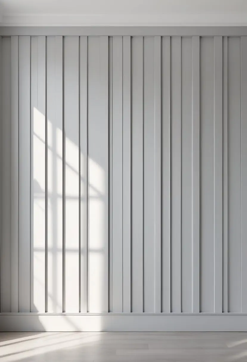 A close-up view of a light-colored board and batten wall with evenly spaced vertical battens.