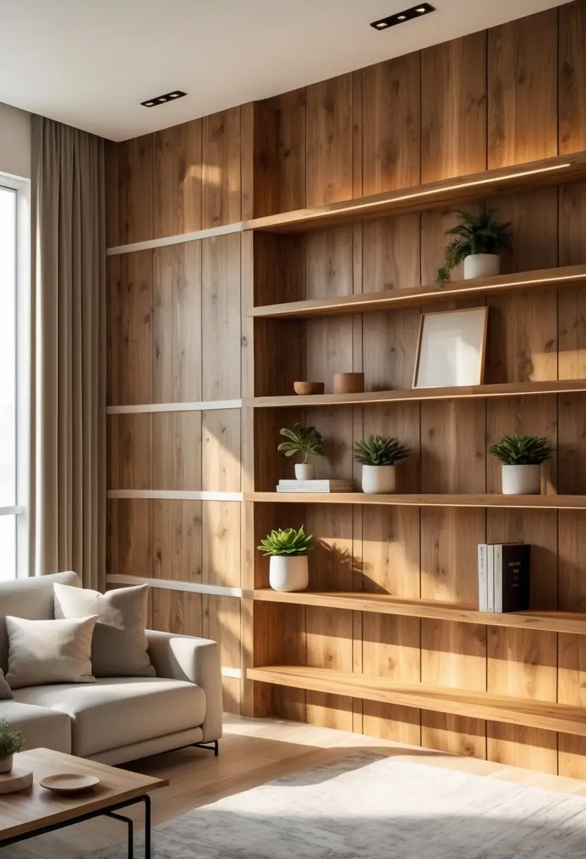 Living room with a wooden panel wall featuring built-in shelves holding plants, books, and decor items.