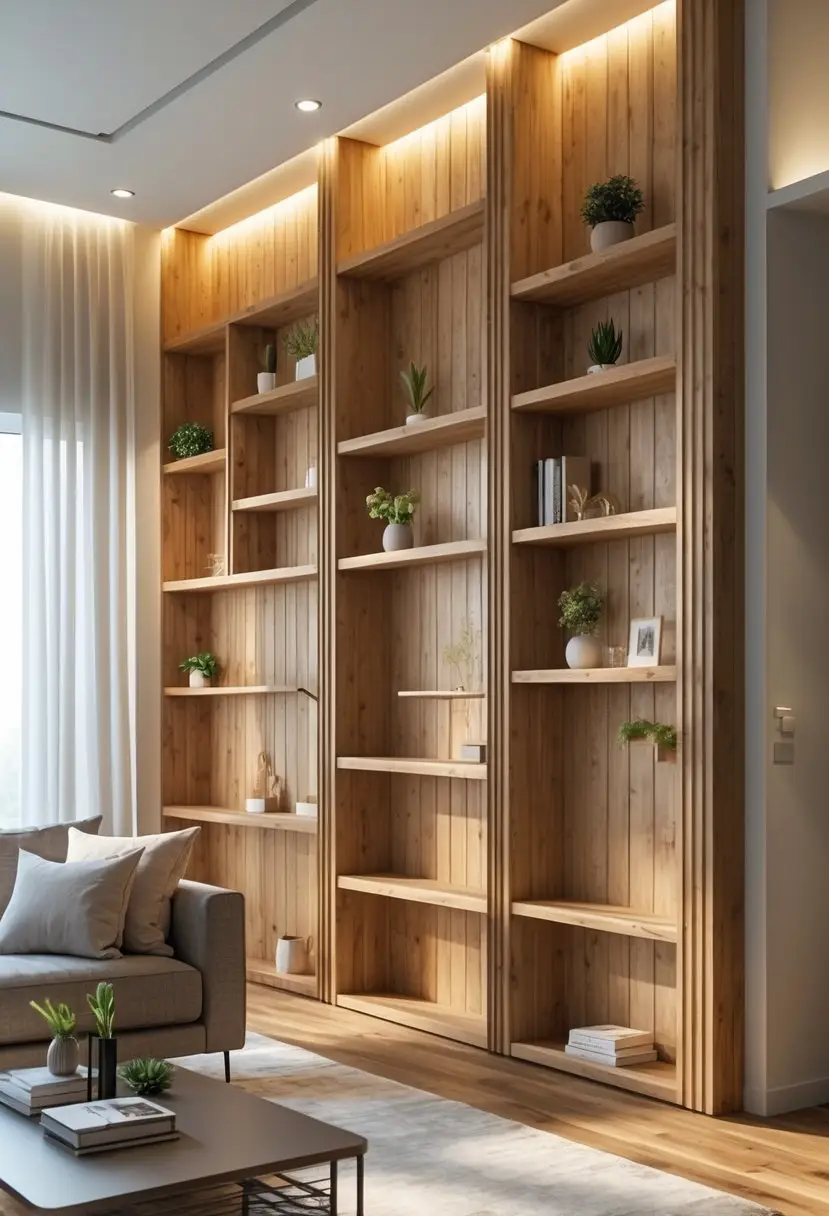A living room with a wooden panel wall that has built-in shelves holding plants and books, with a sofa and coffee table in front.