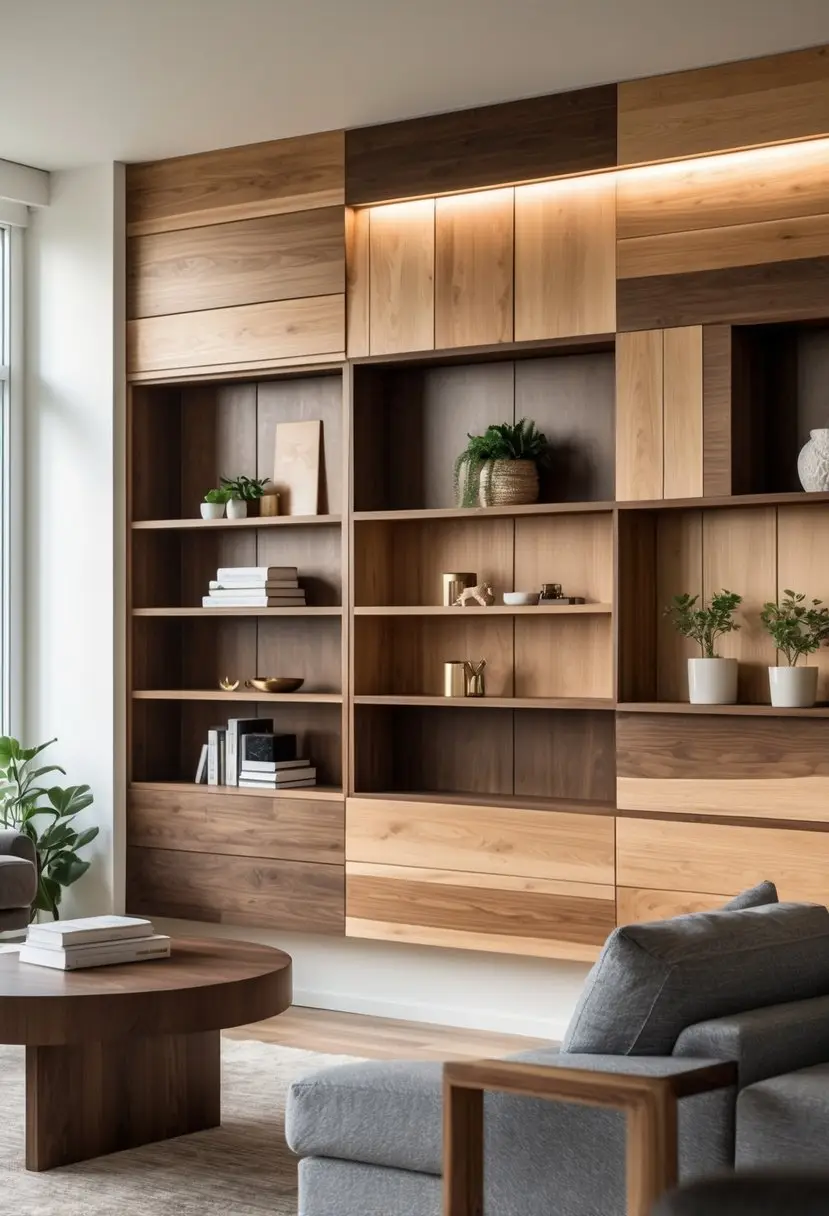 Living room with a wooden panel wall featuring built-in shelves holding books and plants.