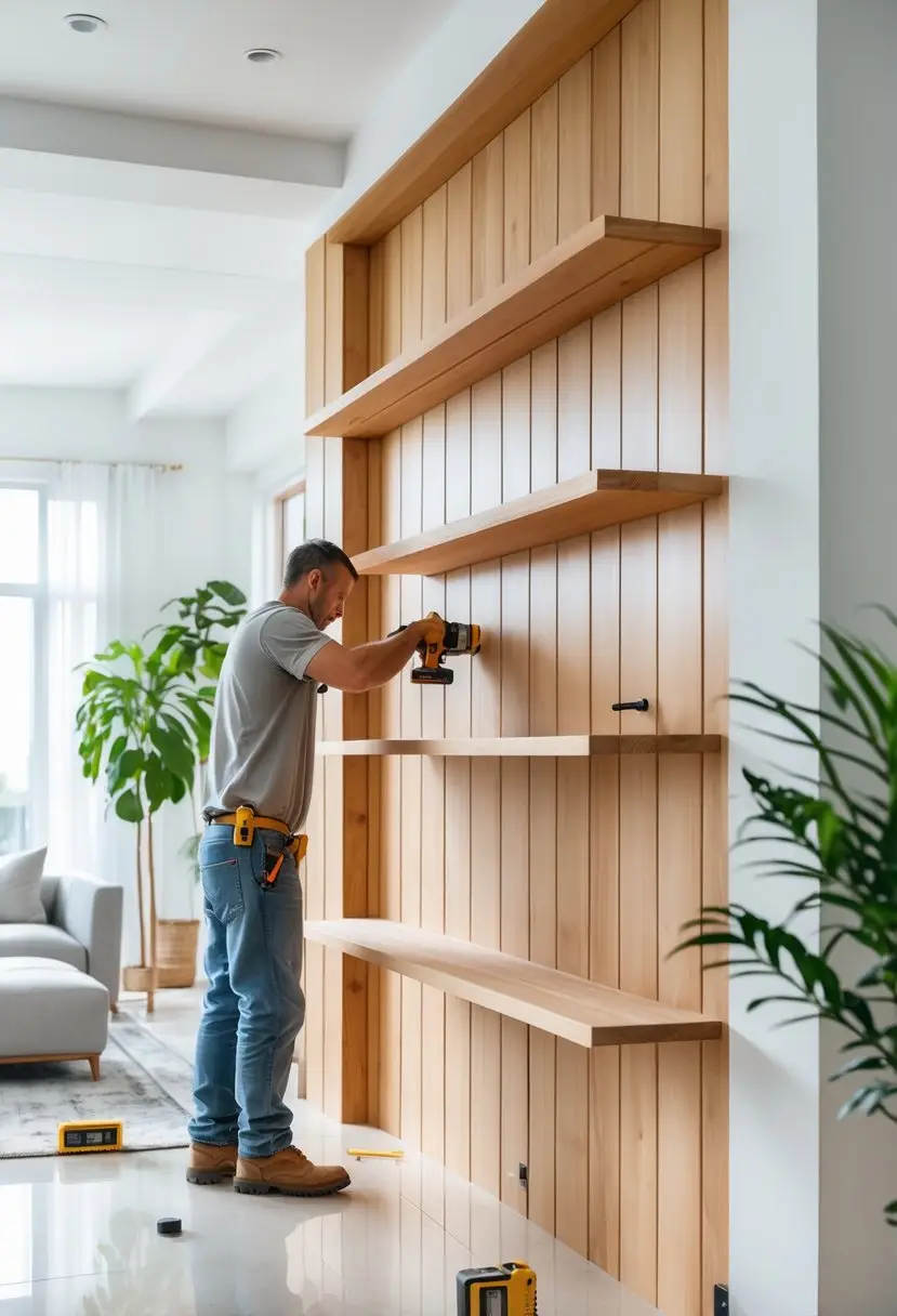 A person installing wooden panels and shelves on a living room wall with tools nearby and furniture in the background.