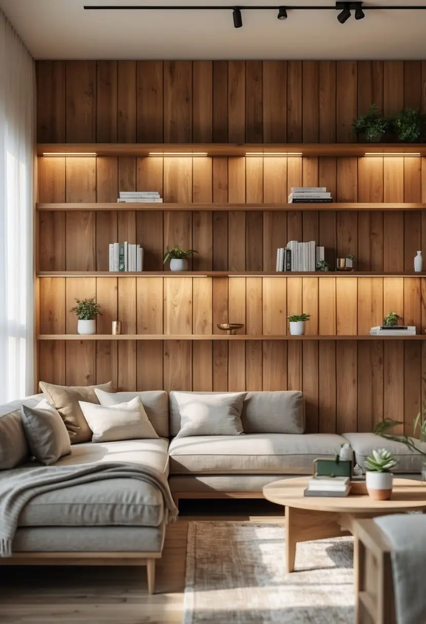 Living room with a wooden panel wall featuring built-in shelves holding books and plants, a sofa in front, and natural light filling the space.