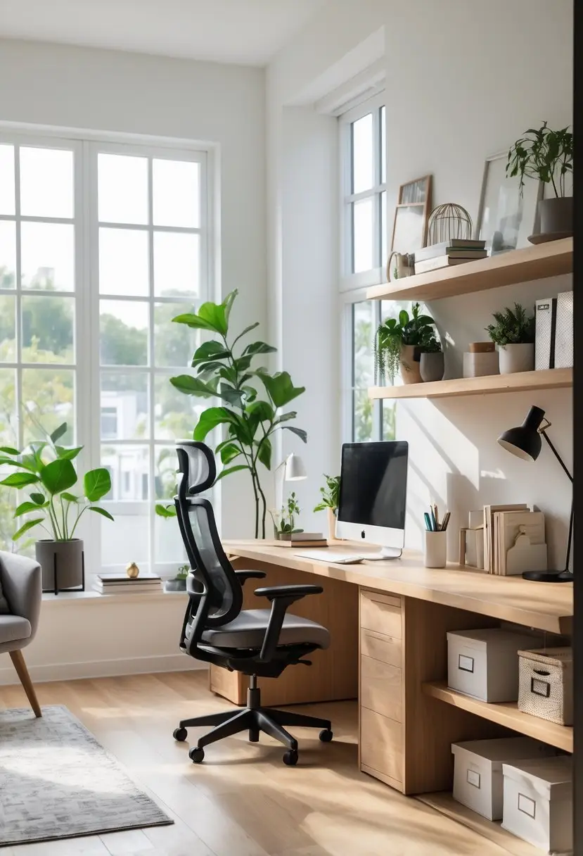 A bright home office with a wooden desk, computer, ergonomic chair, plants, bookshelves, and a cozy reading nook by a window.
