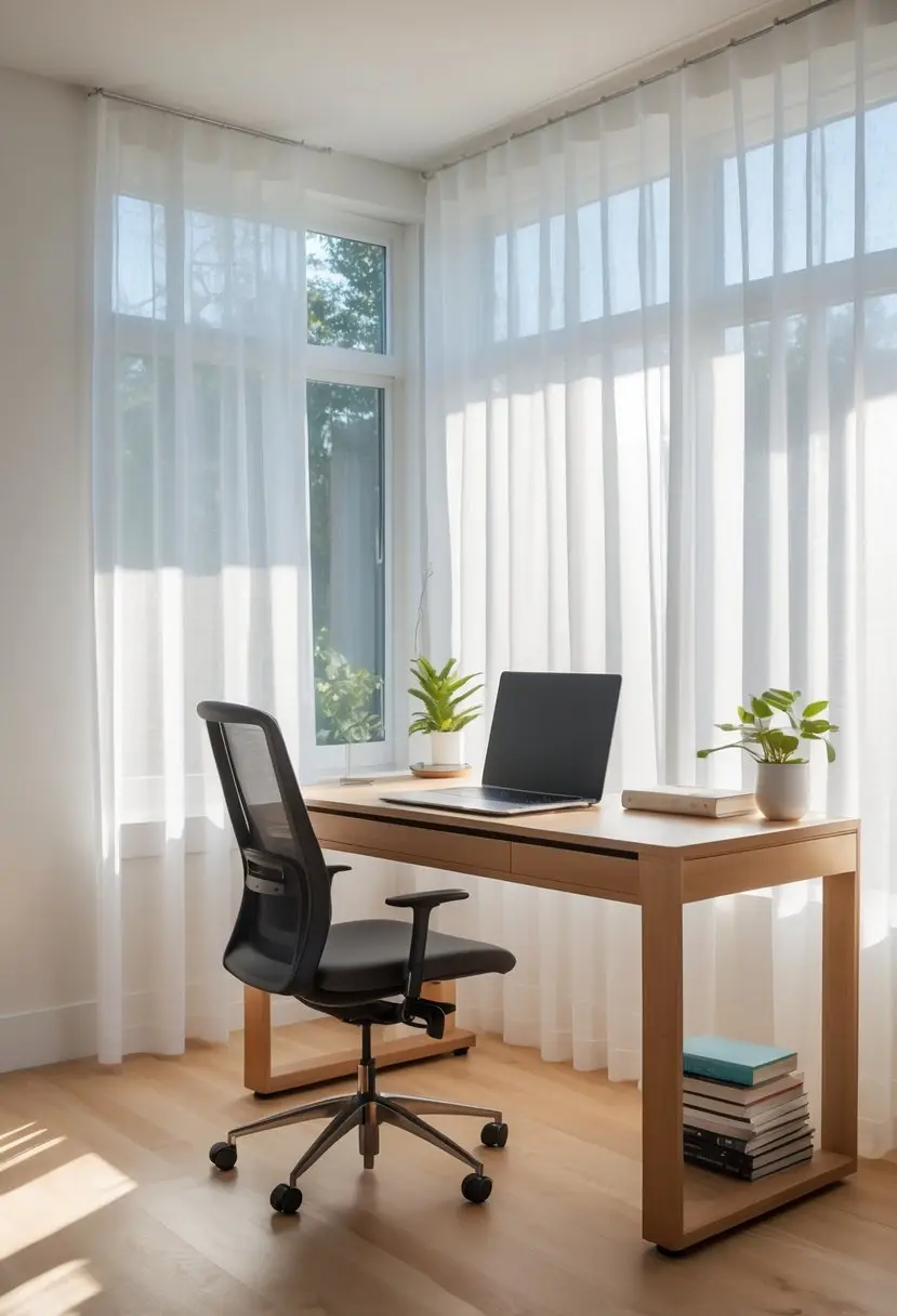 A home office with a wooden desk and chair, illuminated by natural light coming through sheer white curtains on large windows.
