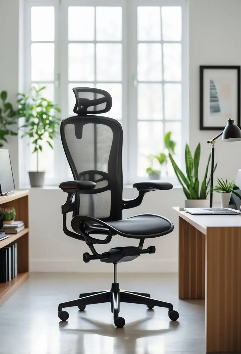 A modern home office with an ergonomic chair at a wooden desk, laptop, plants, and natural light coming through large windows.
