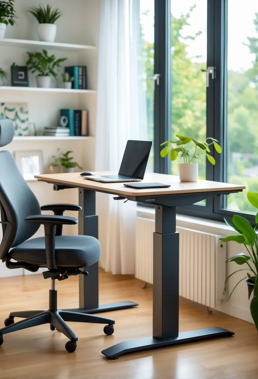 A modern home office with a standing desk set at standing height, a laptop, chair, and plants near a large window.