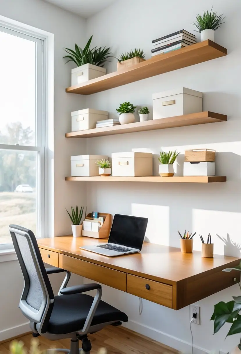 A tidy home office with floating shelves above a desk holding books, plants, and storage boxes.