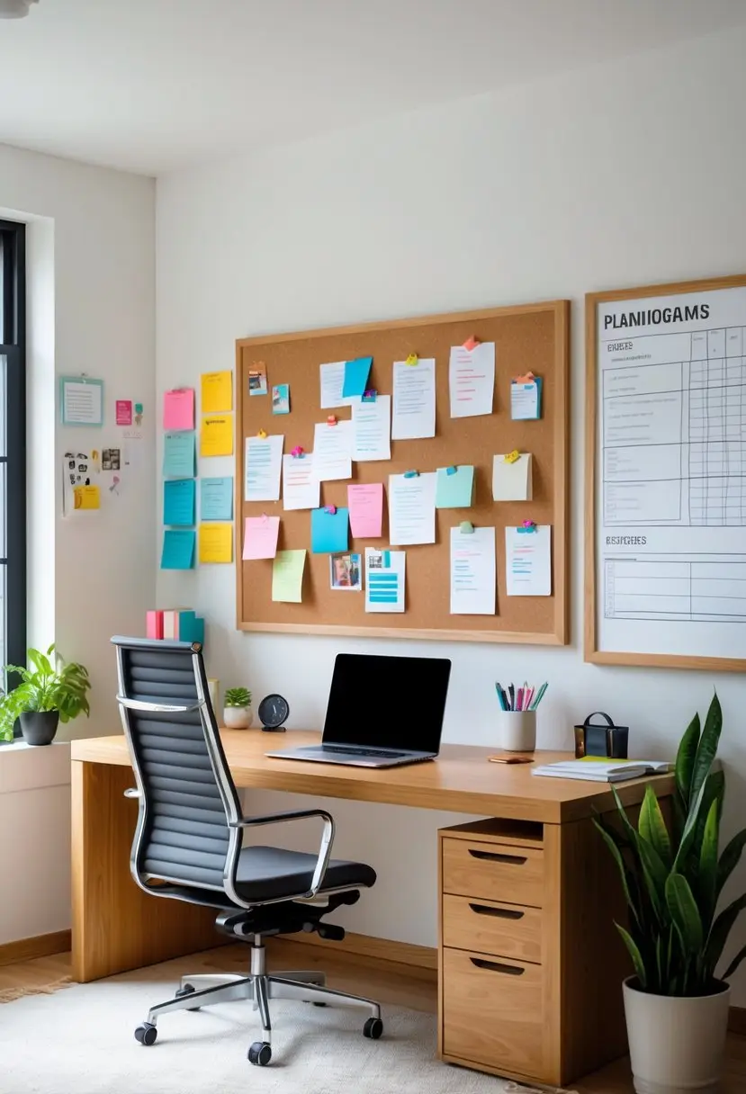 Home office with a desk, chair, corkboard with pinned notes, and a whiteboard with planning diagrams.