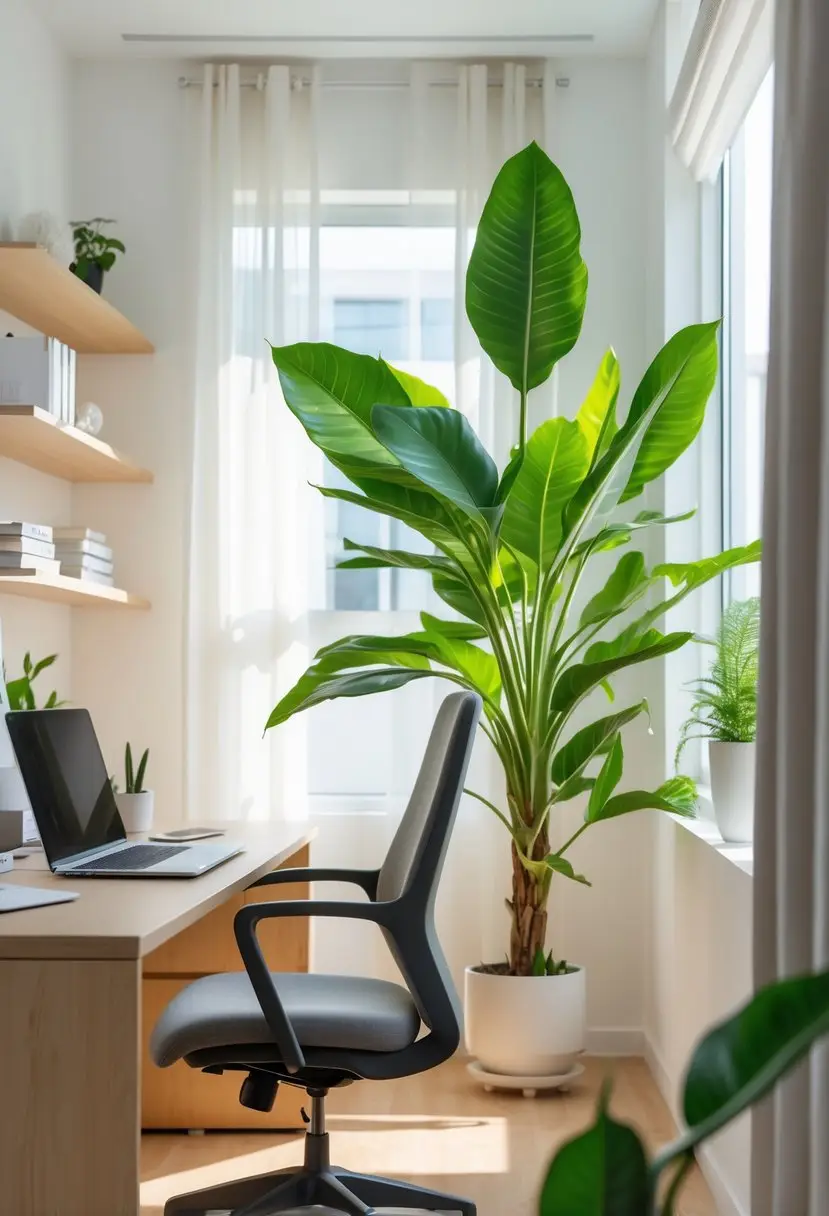 A home office with a large indoor plant next to a desk, a laptop, and a chair in a bright, organized room.