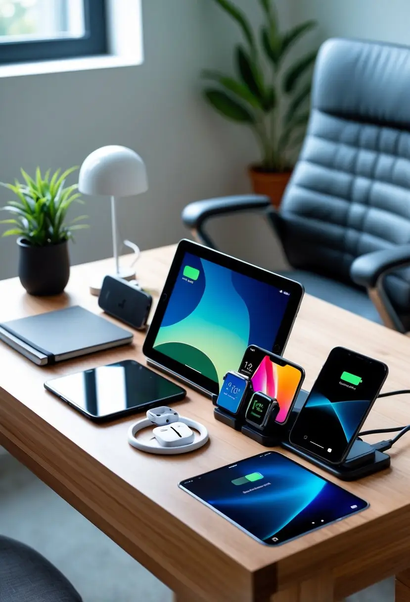 A modern home office desk with a dedicated charging station holding various electronic devices neatly organized and fully charged.