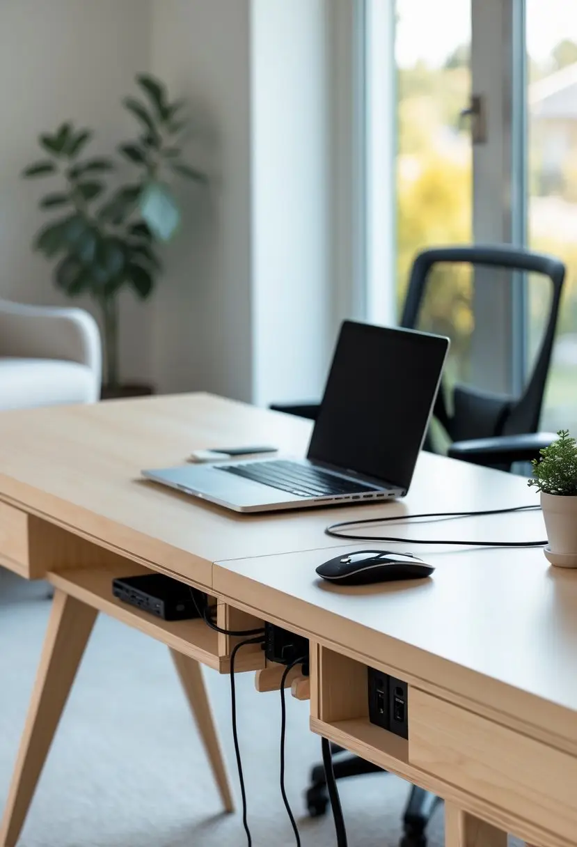 A clean home office desk with a laptop, mouse, plant, and hidden cables in a bright room.