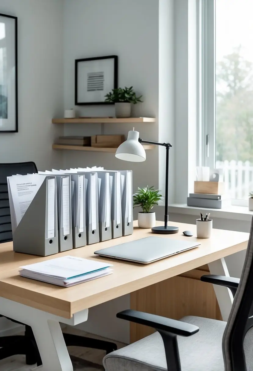 A tidy home office desk with vertical file organizers holding documents, a laptop, a desk lamp, and a small plant near a window.