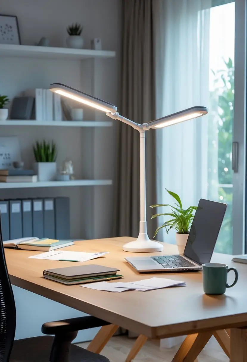 A home office desk with adjustable LED task lighting illuminating a laptop and workspace, surrounded by office supplies and a window letting in natural light.