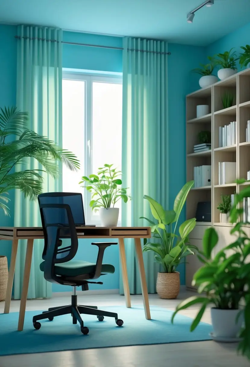 A modern home office with a wooden desk, laptop, ergonomic chair, potted plants, and natural light coming through a window.