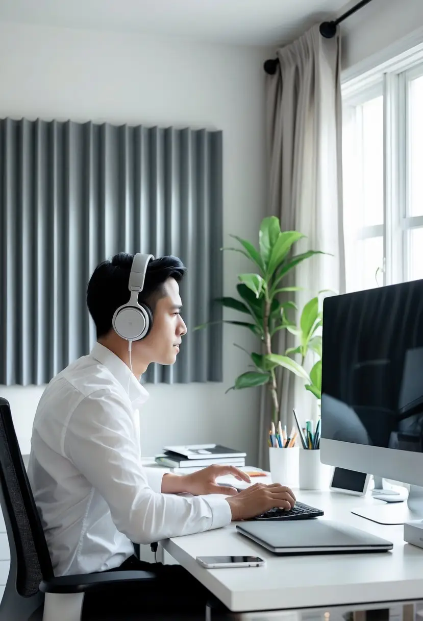 A person wearing noise-canceling headphones working at a desk in a home office with soundproof panels on the wall.
