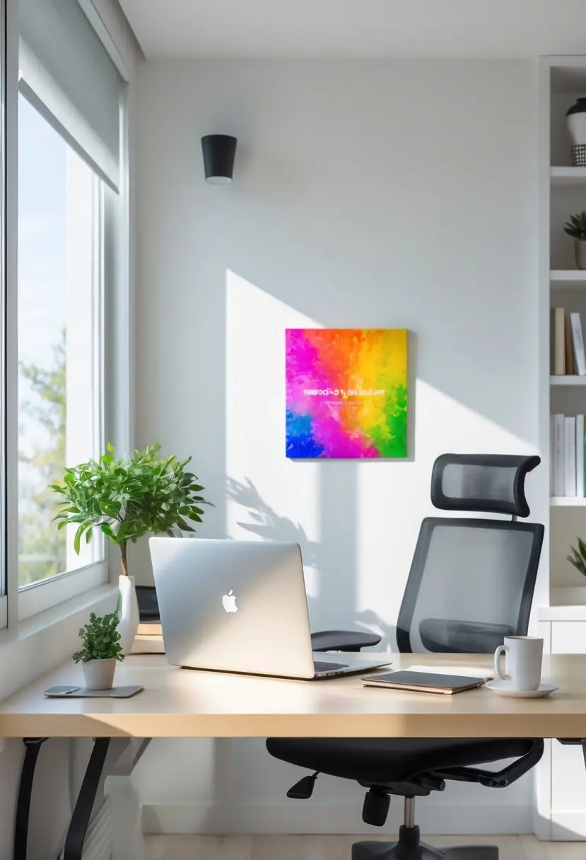 A home office with a desk, laptop, coffee cup, small colorful art piece on the wall, a chair, and a potted plant near a window.