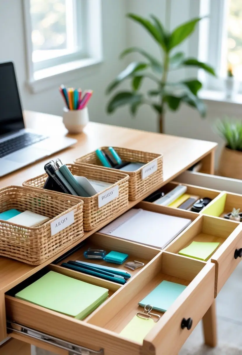 A clean home office desk with labeled baskets and drawer dividers neatly organizing office supplies.