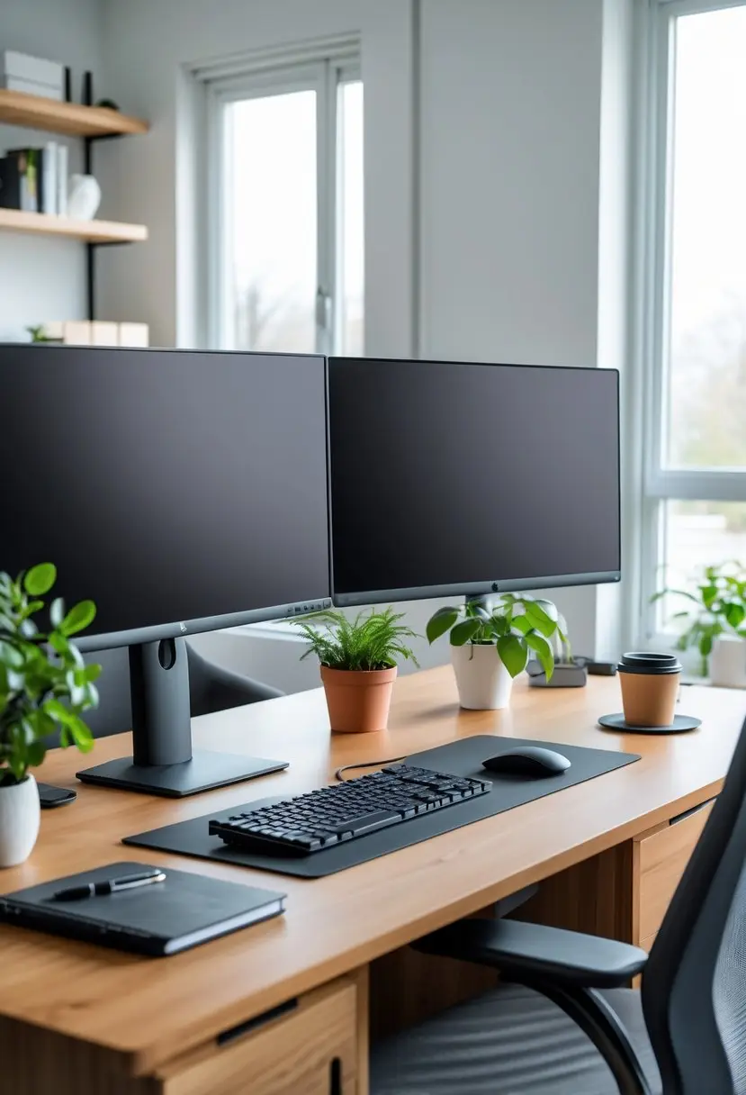 Home office desk with two widescreen monitors, a keyboard, mouse, plant, notebook, and chair in a bright and tidy room.