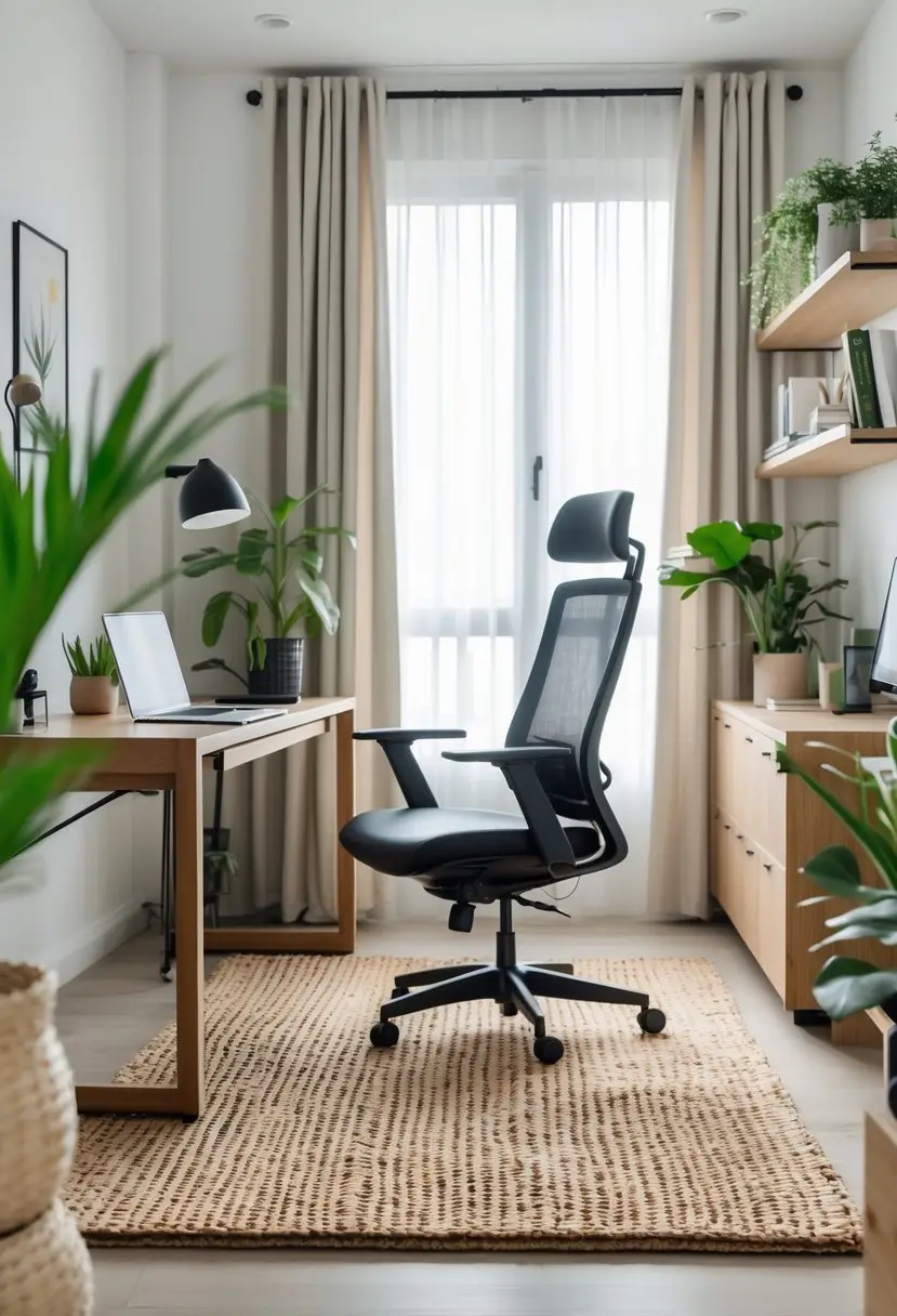 A home office with a wooden desk, ergonomic chair, and a cozy rug defining the workspace area, lit by natural light with plants and shelves nearby.