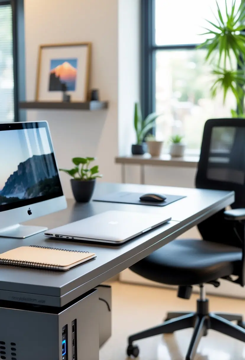 A modern home office desk with integrated USB ports, laptop, mouse, notebook, plant, and an ergonomic chair in a bright room.