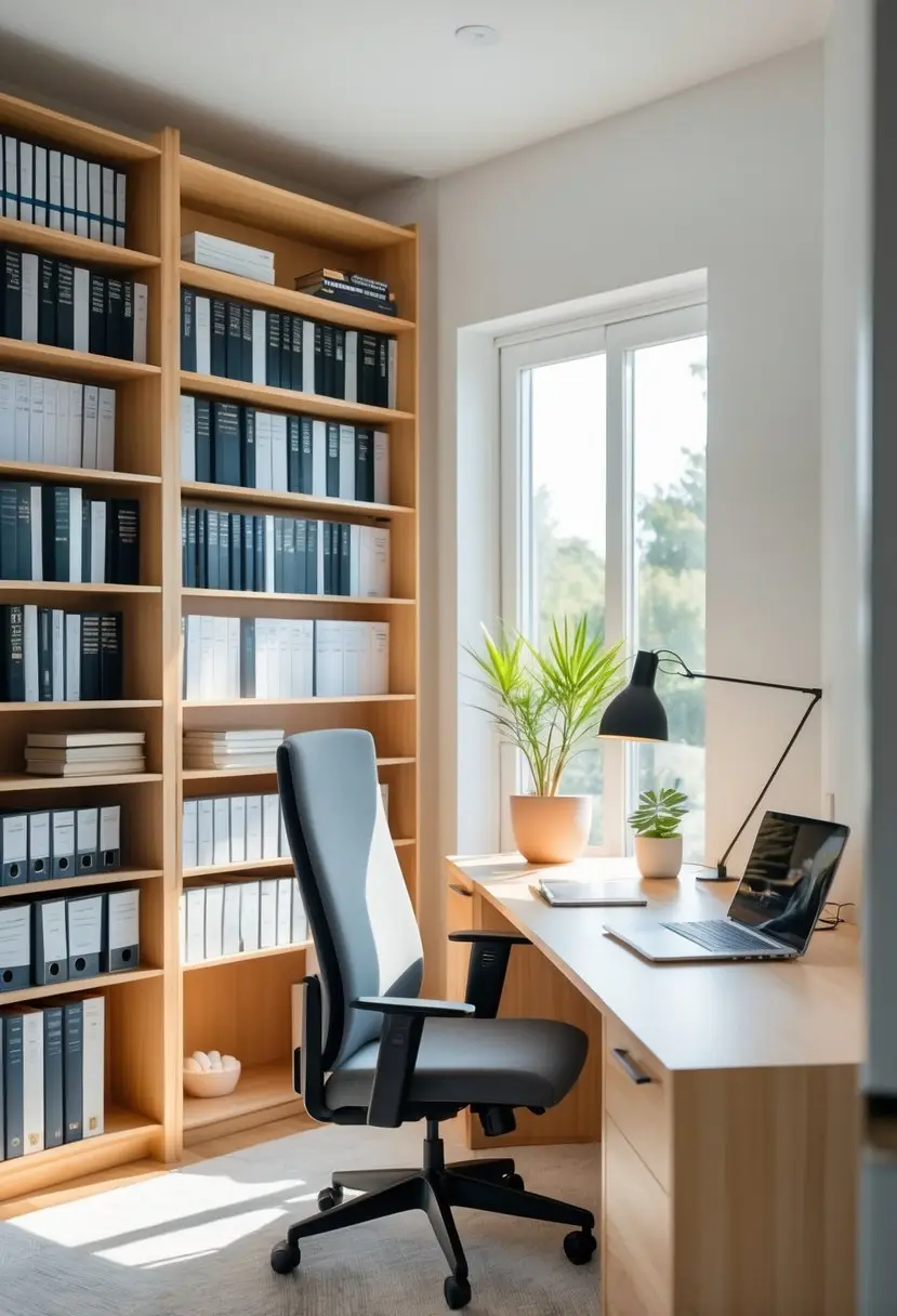 A home office with a small bookcase filled with books, a desk with a laptop, and a chair near a window letting in natural light.