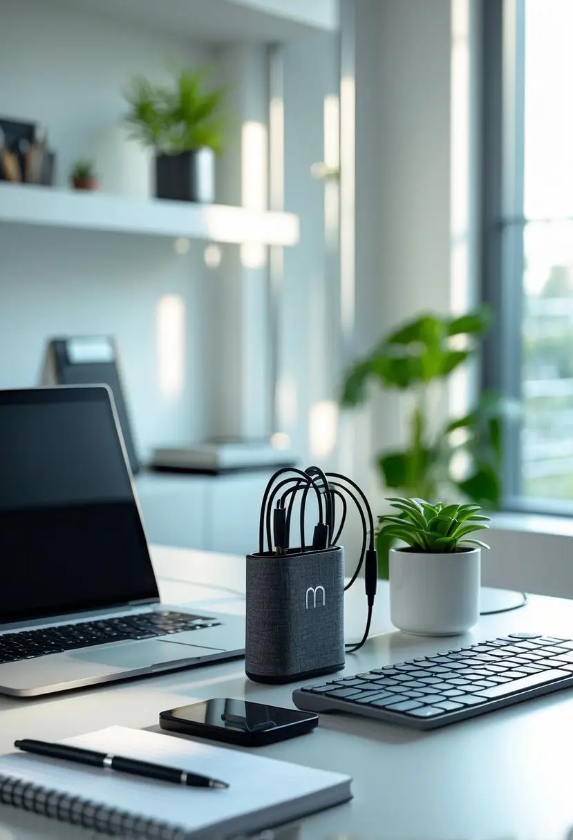 A tidy home office desk with cables neatly bundled together using a cable sleeve, surrounded by a laptop, keyboard, mouse, and a small plant.