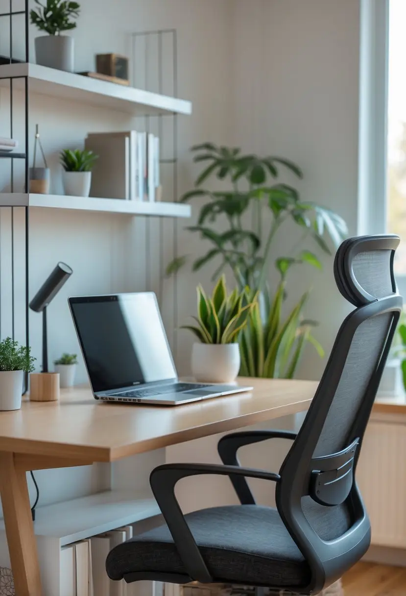 A home office corner with a desk, laptop, chair, bookshelf, and plants, arranged neatly for video calls.