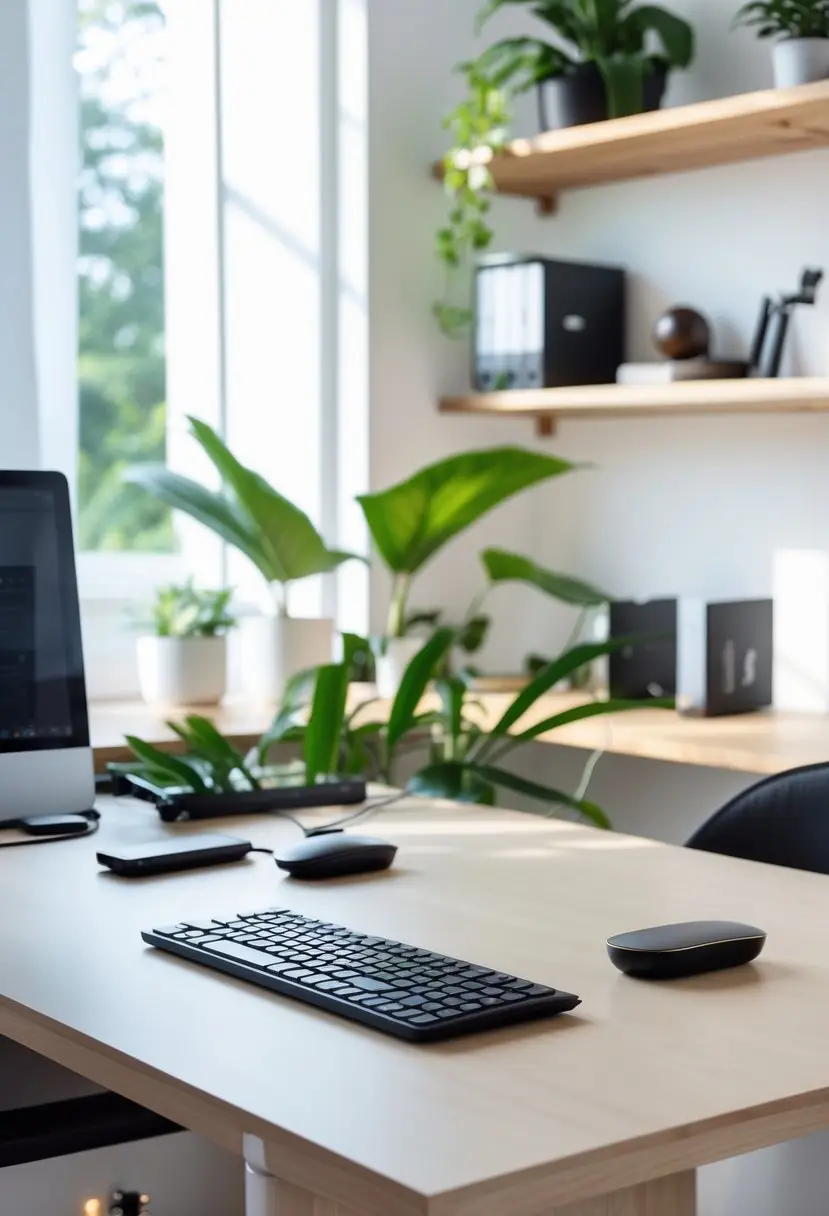 A tidy home office desk with wireless accessories, a laptop, and plants by a window.