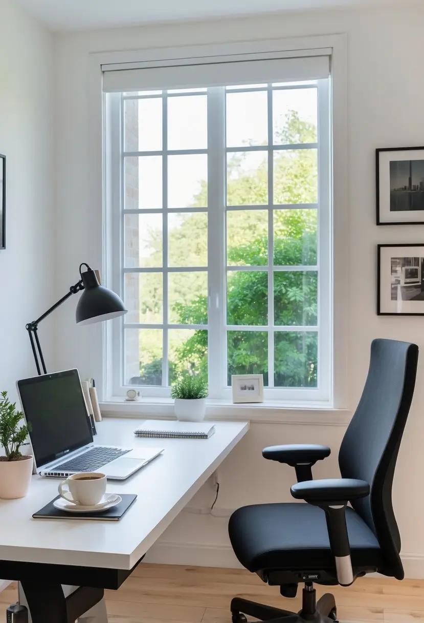 A home office with a desk facing a large window, a laptop on the desk, a chair, and plants visible in the room.
