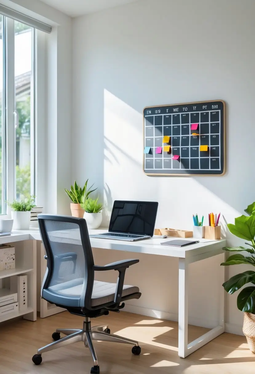 A modern home office with a desk, laptop, ergonomic chair, and a small whiteboard calendar on the wall showing dates marked with colorful magnets.