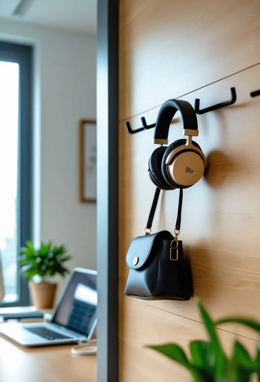 A home office wall with mounted hooks holding headphones and a bag above a tidy desk with a laptop and plant.