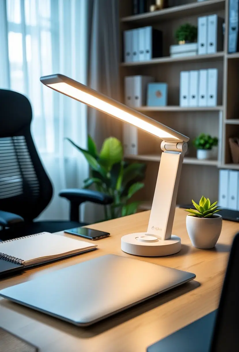 A modern home office desk with a task lamp, laptop, notebook, pen holder, small plant, ergonomic chair, and bookshelf in the background.
