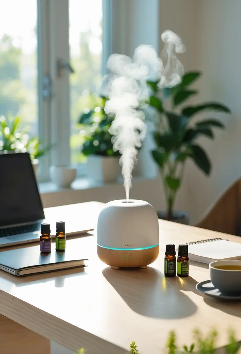 A home office desk with a diffuser releasing mist, essential oil bottles, a laptop, notebook, cup of tea, and a potted plant near a window.