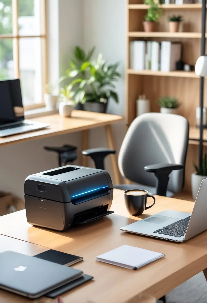 A home office with a portable printer on a side table next to a desk with a laptop and coffee cup, illuminated by natural light.