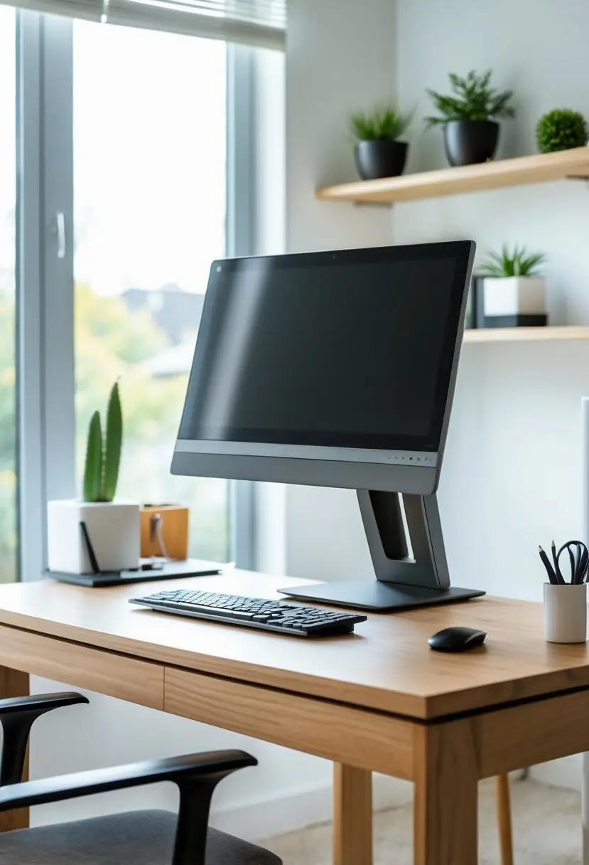 A home office desk with a computer monitor on a stand, keyboard, mouse, and organized shelves in the background.