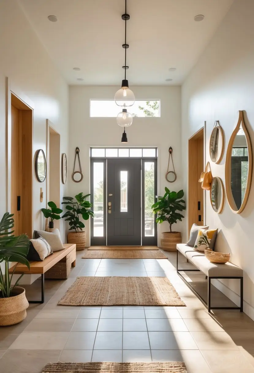 A bright and spacious entryway area displaying various doors, plants, rugs, benches, mirrors, and storage solutions arranged to show different entryway design ideas.
