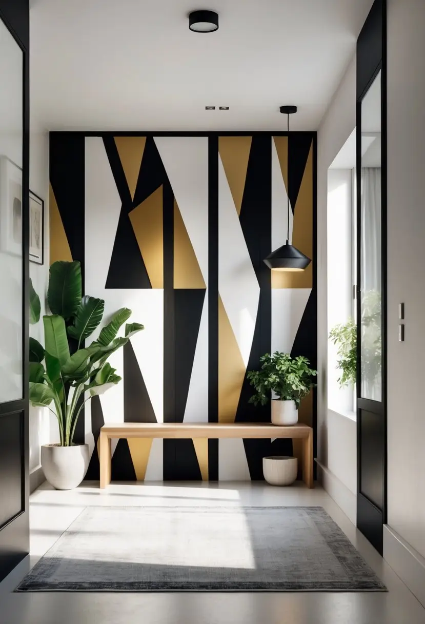An entryway with bold geometric patterned wallpaper, a wooden bench, a potted plant, and a hanging light fixture.