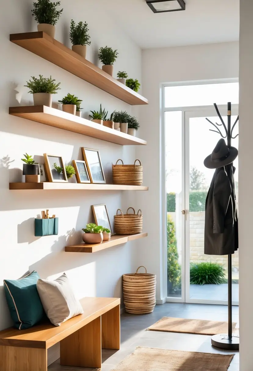 An entryway with floating wooden shelves holding plants, photos, and storage baskets, a bench with cushions, and a coat rack with jackets.
