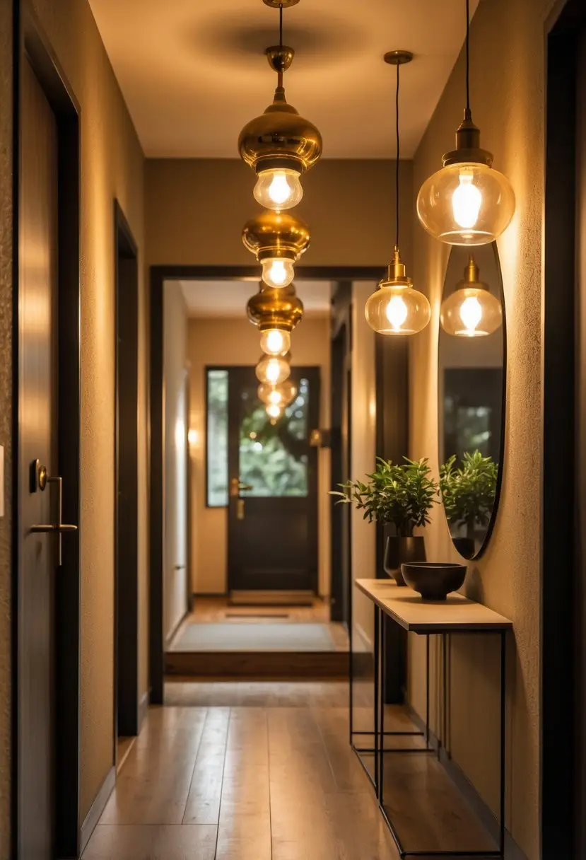 An entryway with brass pendant lights hanging above a console table decorated with a plant and a mirror on the wall.