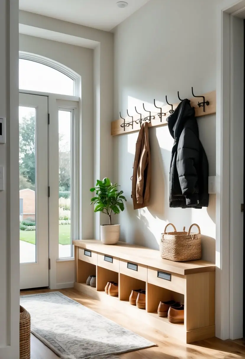 An entryway with a built-in wooden bench that has storage drawers underneath, a coat rack above, and a potted plant on the bench.