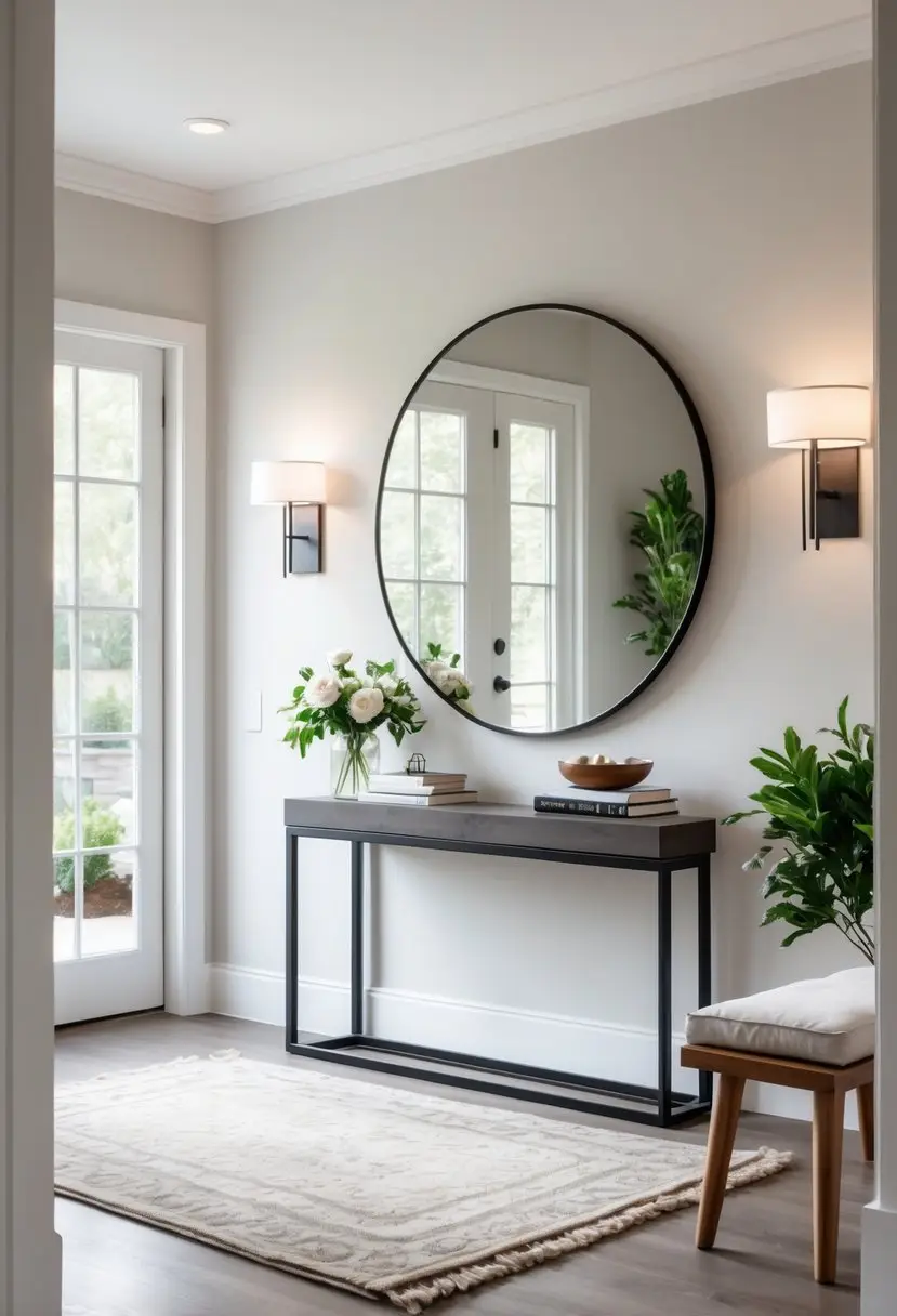 A home entryway with a large round mirror above a console table decorated with flowers and books, a rug on the floor, and a potted plant nearby.