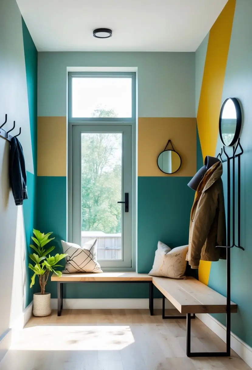 An entryway with color-blocked walls, a wooden bench, a coat rack, a round mirror, and a potted plant.