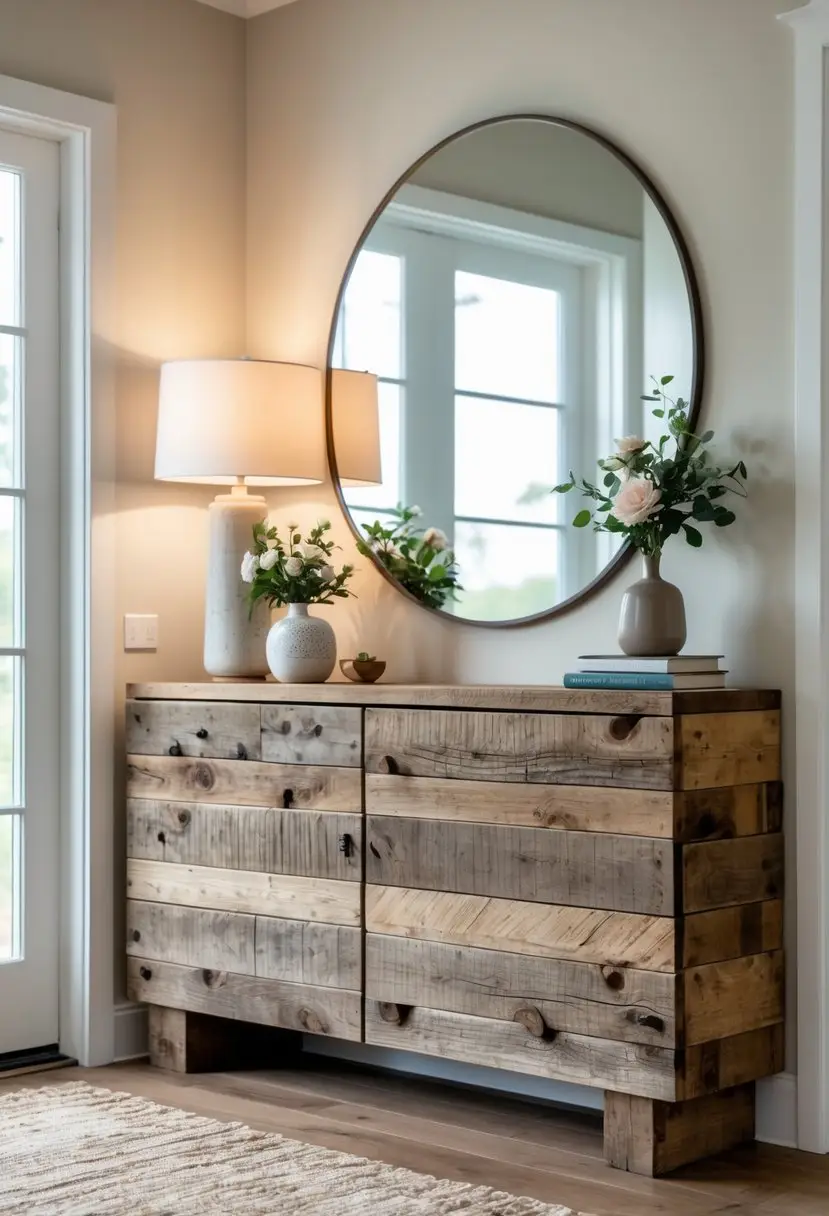 Entryway with a wooden console table decorated with a plant, vase with flowers, books, and a lamp beneath a round mirror.