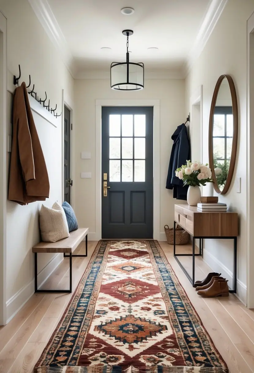 An entryway with a long patterned runner rug on a hardwood floor, a wooden bench with cushions, a console table with flowers, and a coat rack with jackets.