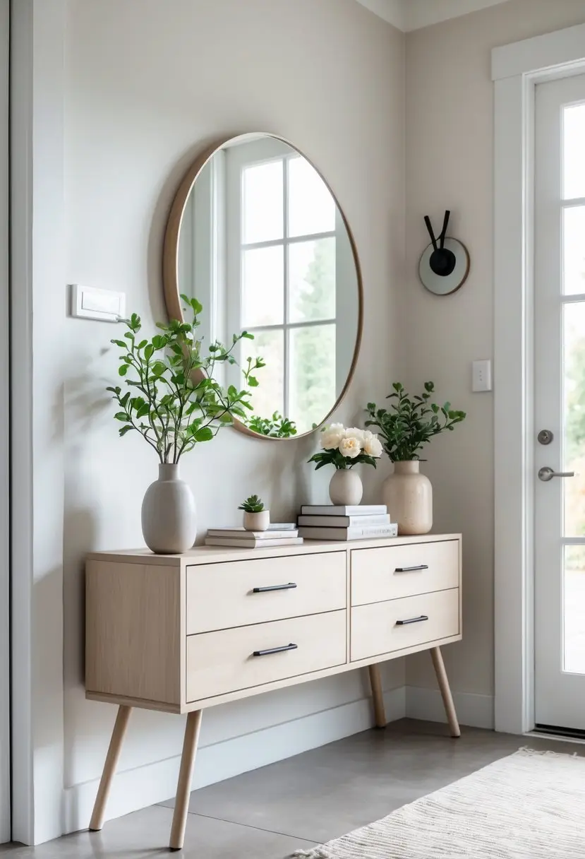 Slim console table with drawers in a bright entryway decorated with plants, a vase of flowers, books, and a round mirror on the wall.